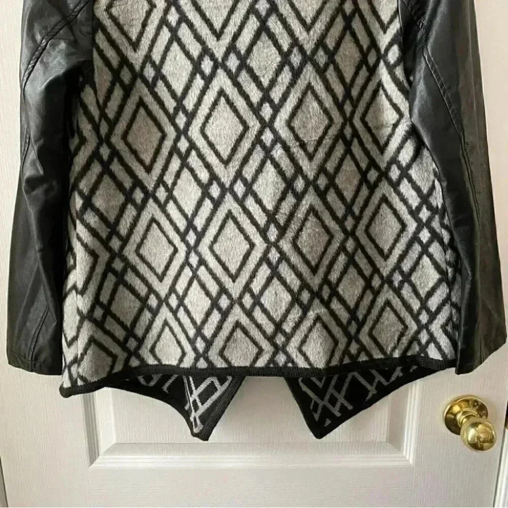 Pink  Martini Jacket Faux Leather Wool Open Front Draped Moto Black Grey Small - Picture 10 of 16